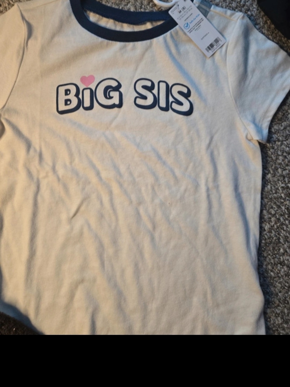 Carter's White Ringer Tee with Navy Trim and Pink Heart "BIG SIS"